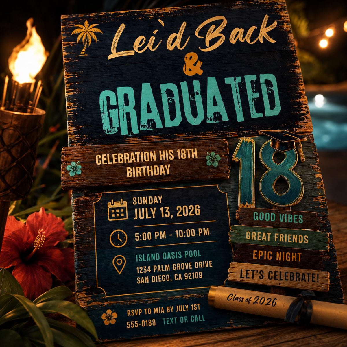 Luau Graduation Invitation — print-ready graduation party design from VoltBy
