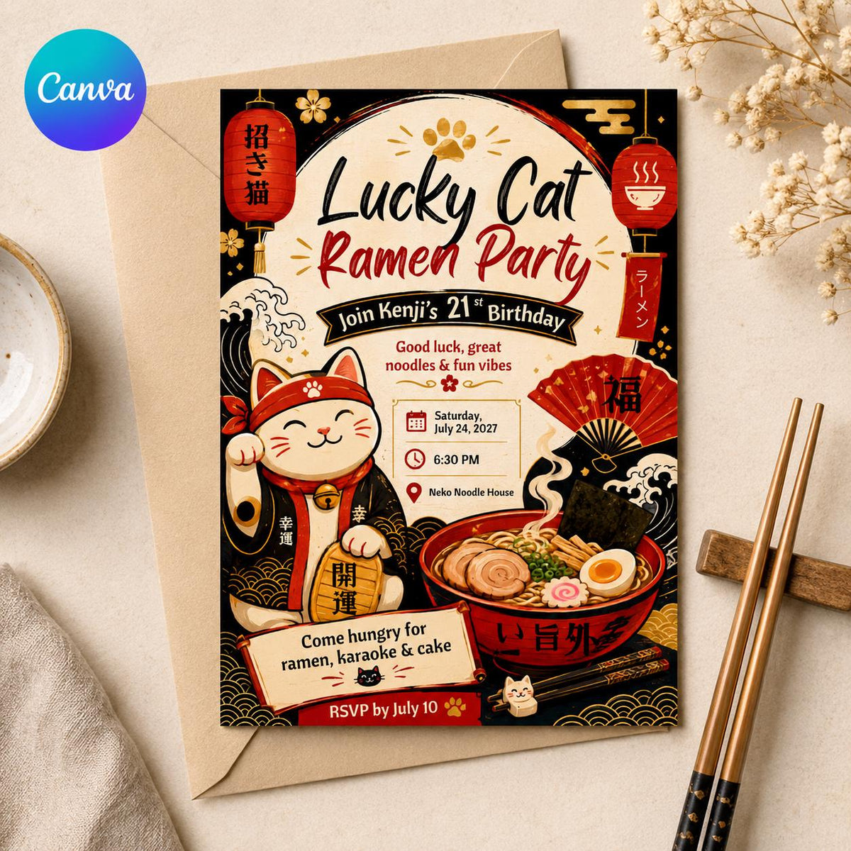 Lucky Cat Ramen 21st Birthday Invitation — editable Canva template