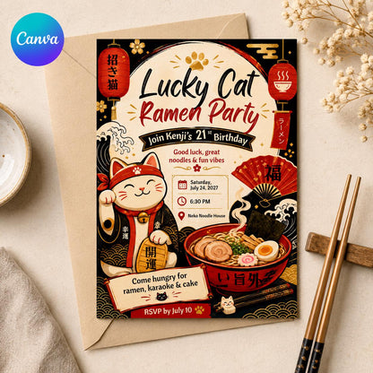 Lucky Cat Ramen 21st Birthday Invitation — editable Canva template
