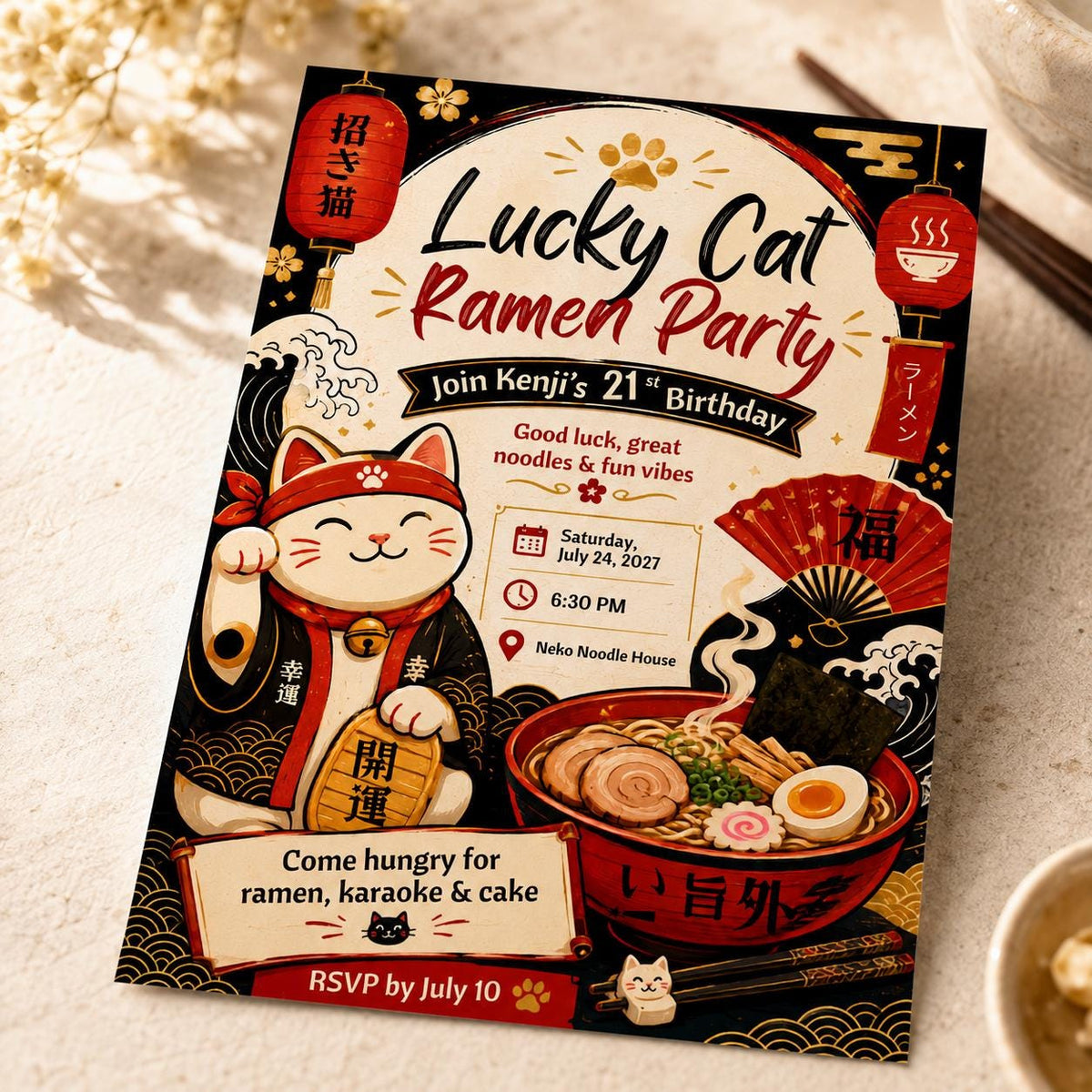 Lucky Cat Ramen 21st Birthday Invitation — print-ready 21st birthday party design from VoltBy