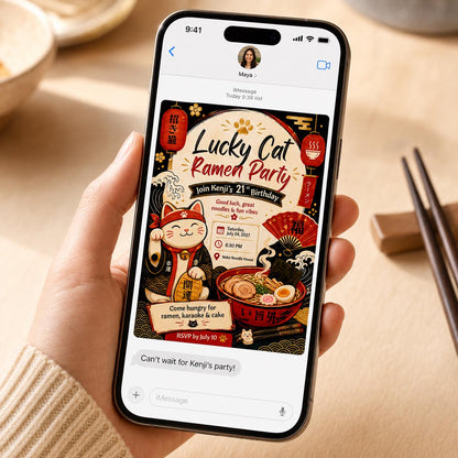 Lucky Cat Ramen 21st Birthday Invitation — digital invitation, instant download
