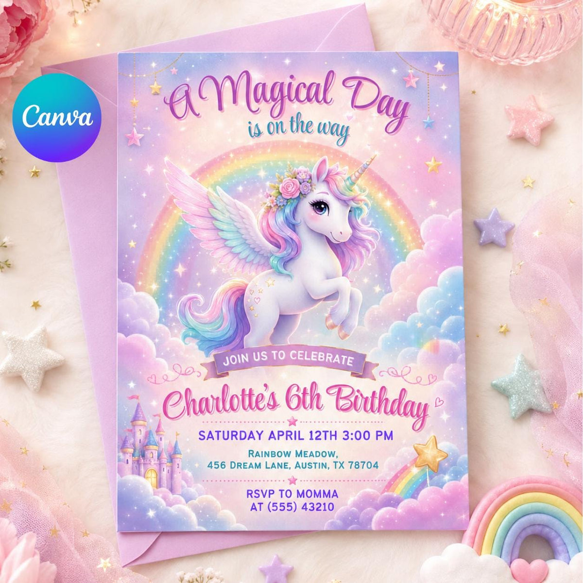 Magical Unicorn 6th Birthday Invitation in Pink and Lavender — editable Canva template