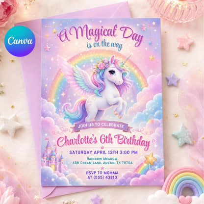 Magical Unicorn 6th Birthday Invitation in Pink and Lavender — editable Canva template