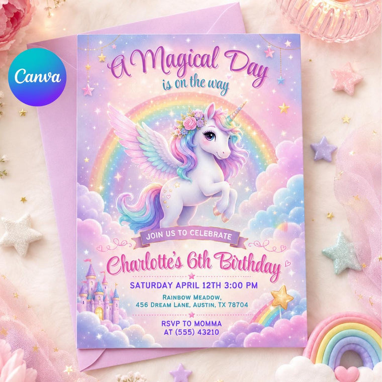 Magical Unicorn 6th Birthday Invitation in Pink and Lavender