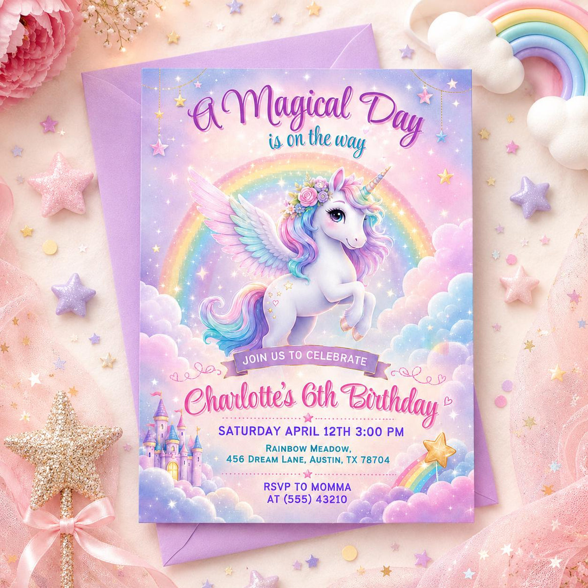 Magical Unicorn 6th Birthday Invitation in Pink and Lavender — magic design