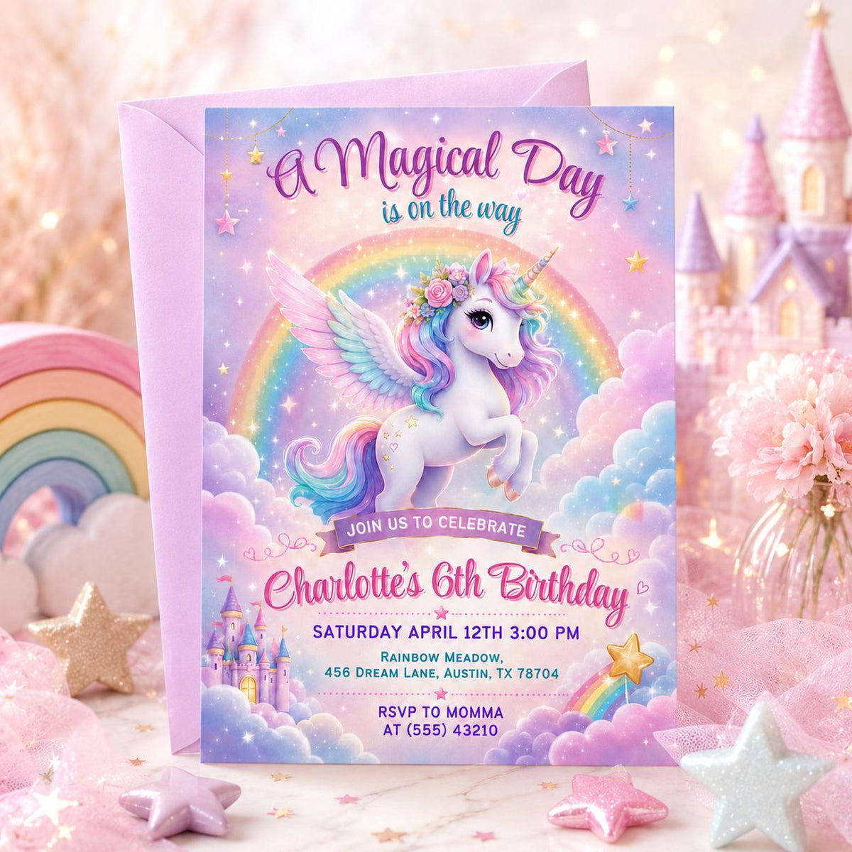 Magical Unicorn 6th Birthday Invitation in Pink and Lavender — invitation you personalize in Canva