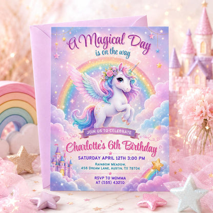 Magical Unicorn 6th Birthday Invitation in Pink and Lavender — invitation you personalize in Canva