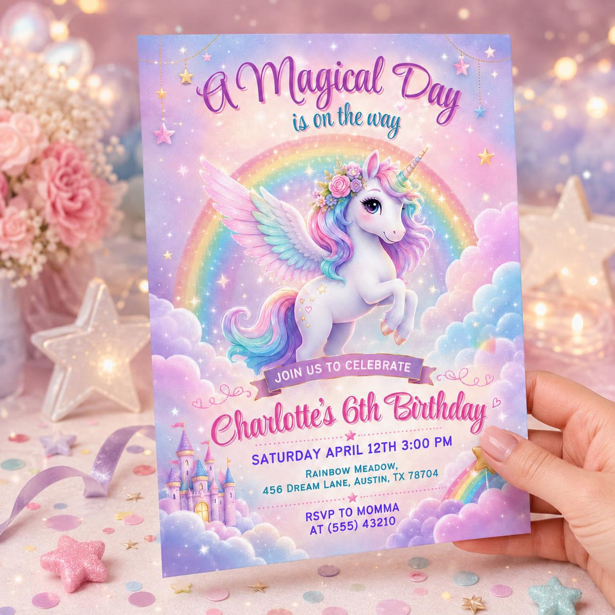 Magical Unicorn 6th Birthday Invitation in Pink and Lavender — print-ready 6th birthday party design from VoltBy