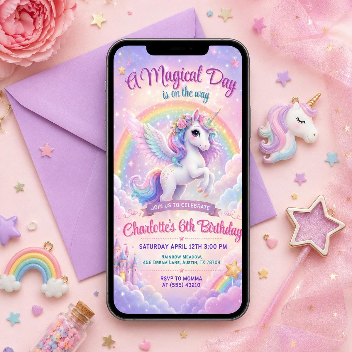 Magical Unicorn 6th Birthday Invitation in Pink and Lavender — digital invitation, instant download