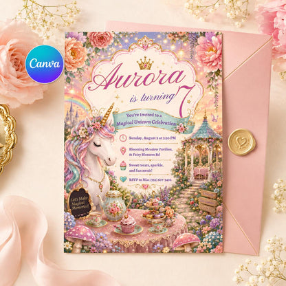 Magical Unicorn 7th Birthday Invitation with Garden Tea Table — editable Canva template