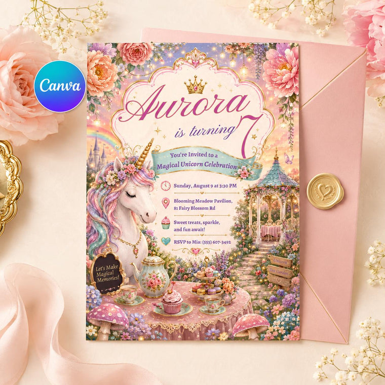 Magical Unicorn 7th Birthday Invitation with Garden Tea Table