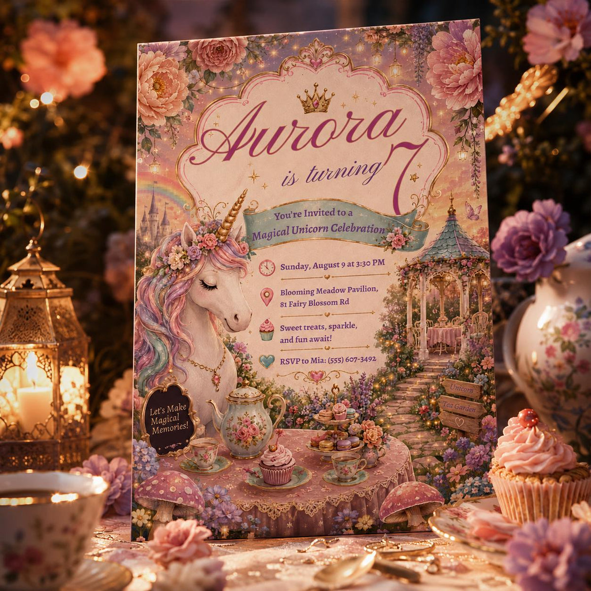 Magical Unicorn 7th Birthday Invitation with Garden Tea Table in gold and green