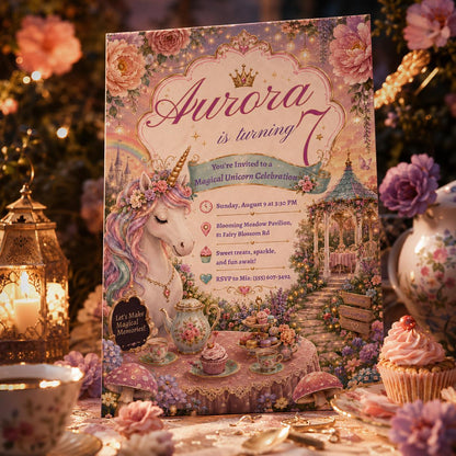 Magical Unicorn 7th Birthday Invitation with Garden Tea Table in gold and green