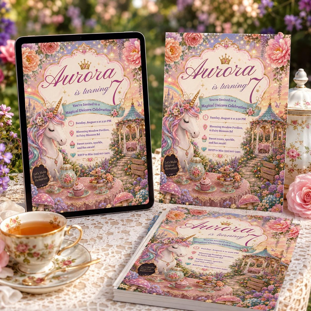 Magical Unicorn 7th Birthday Invitation with Garden Tea Table — magic design