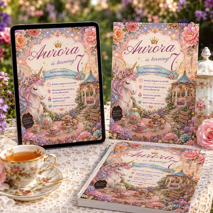 Magical Unicorn 7th Birthday Invitation with Garden Tea Table — magic design