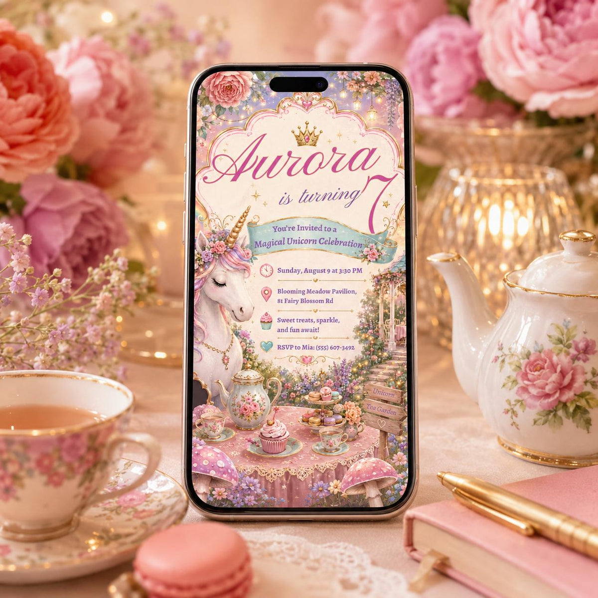 Magical Unicorn 7th Birthday Invitation with Garden Tea Table — invitation you personalize in Canva