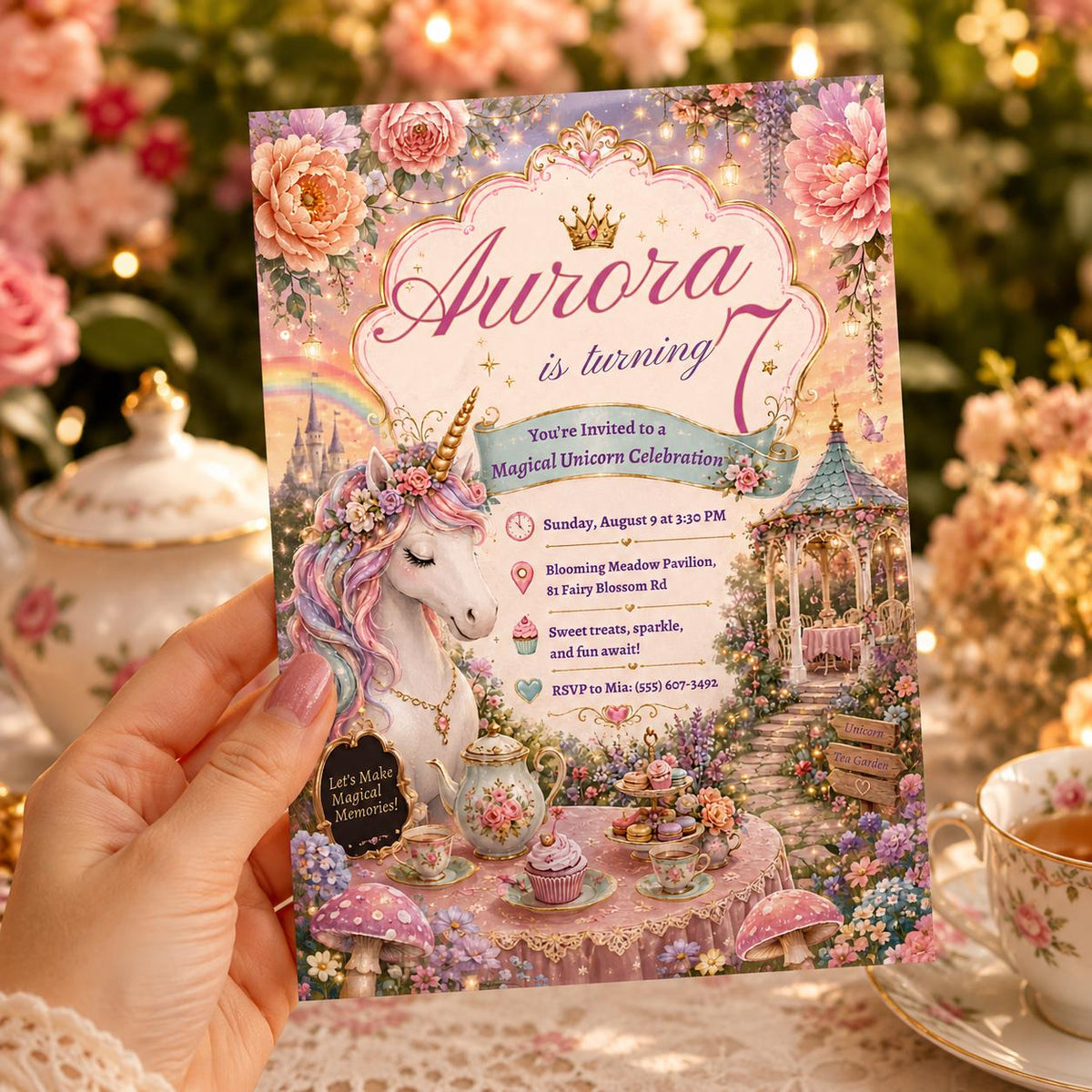 Magical Unicorn 7th Birthday Invitation with Garden Tea Table — magic artwork in gold and green