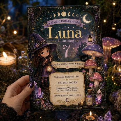 Magical Witch Birthday Invitation — invitation you personalize in Canva