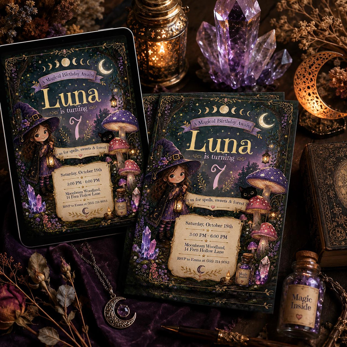 Magical Witch Birthday Invitation — print-ready birthday party design from VoltBy
