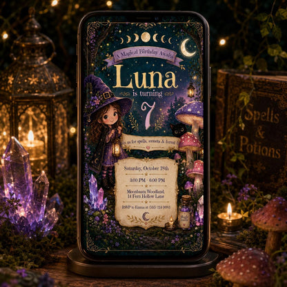 Magical Witch Birthday Invitation — digital invitation, instant download