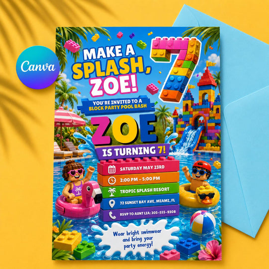 Make a Splash Building Block 7th Birthday Water Slide Invitation