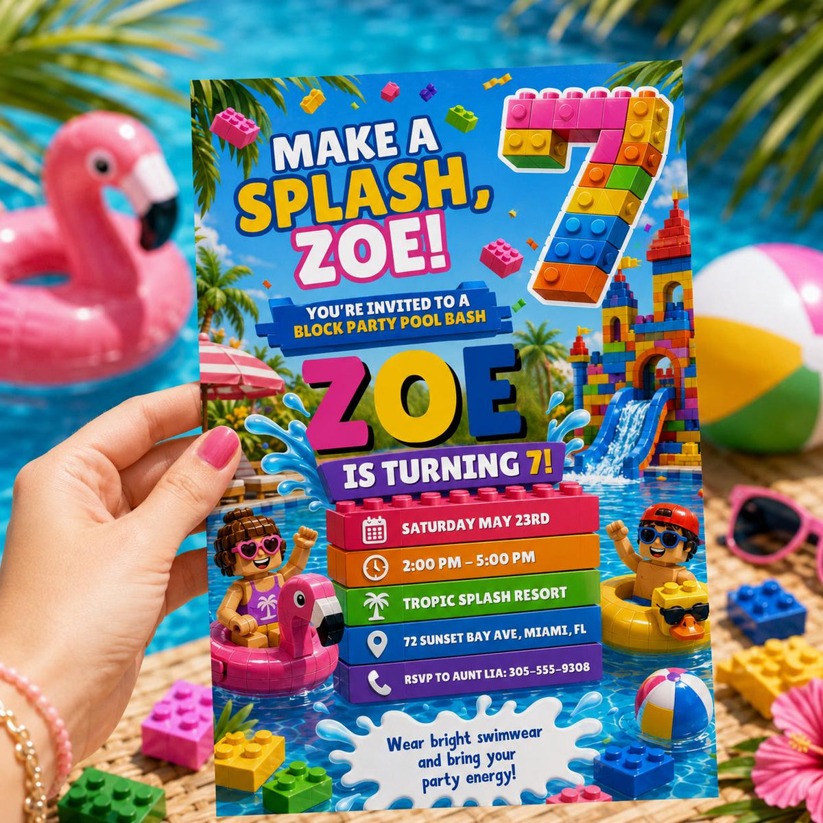 Make a Splash Building Block 7th Birthday Water Slide Invitation — building blocks and pool design for a 7th birthday party