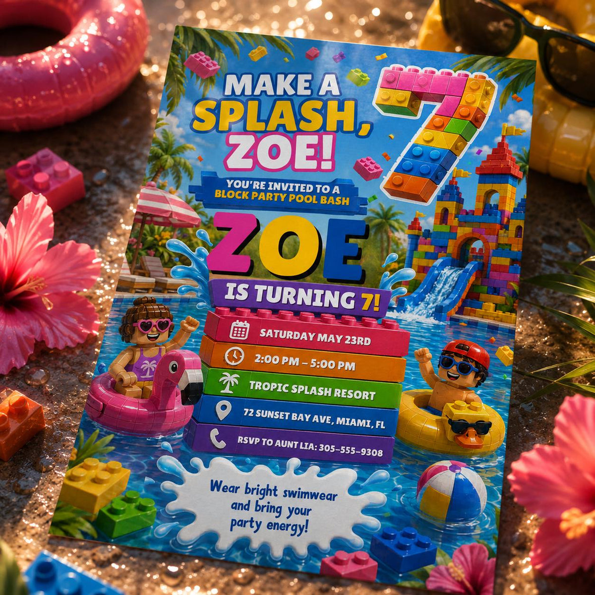 Make a Splash Building Block 7th Birthday Water Slide Invitation — editable Canva template for a 7th birthday party