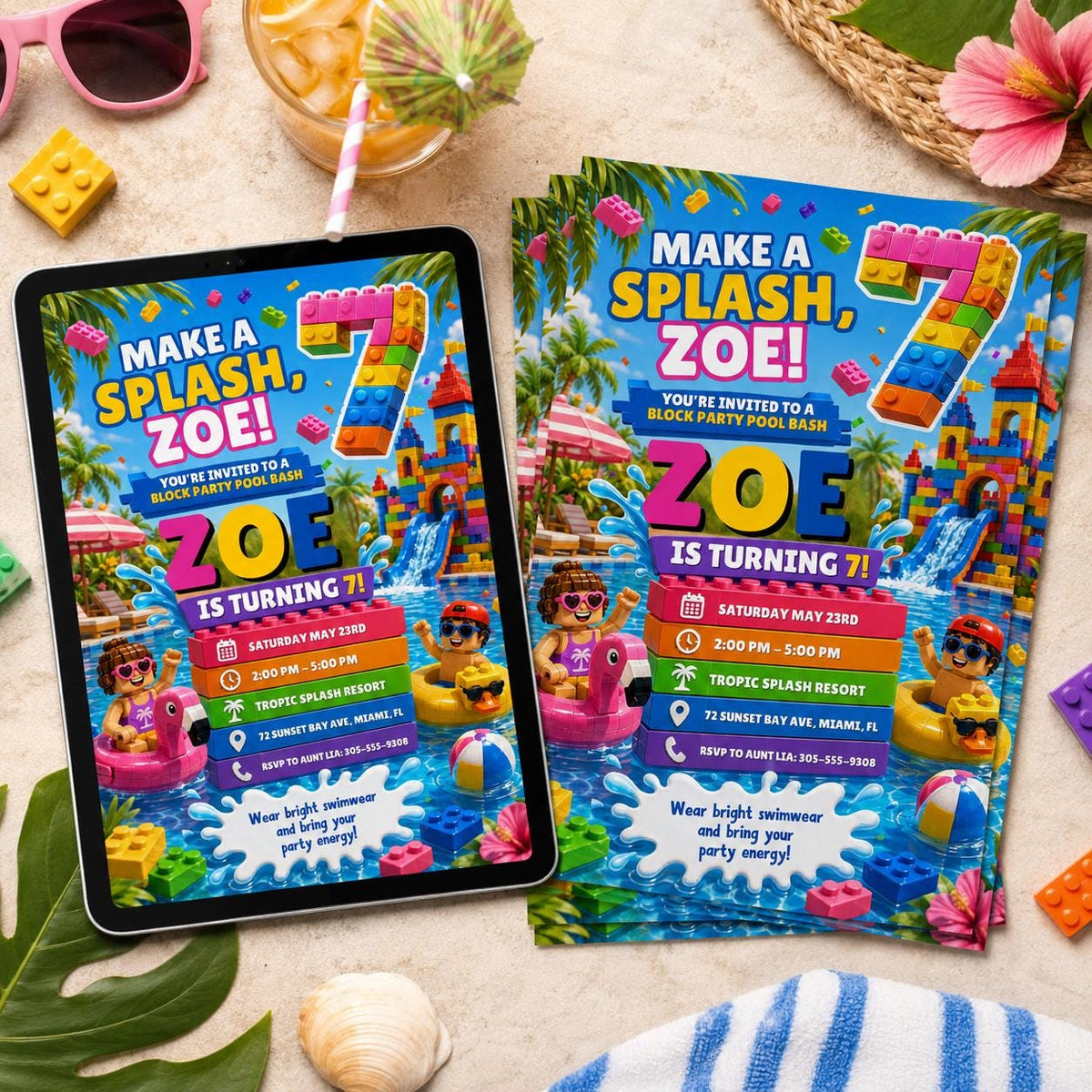 Make a Splash Building Block 7th Birthday Water Slide Invitation — printable invitation from VoltBy