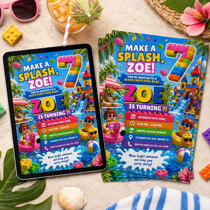 Make a Splash Building Block 7th Birthday Water Slide Invitation — printable invitation from VoltBy