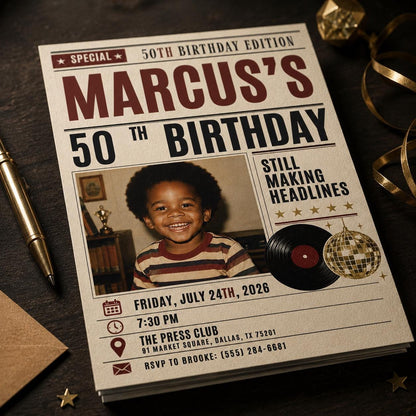 Making Headlines Vintage Photo 50th Birthday Invitation in black and burgundy