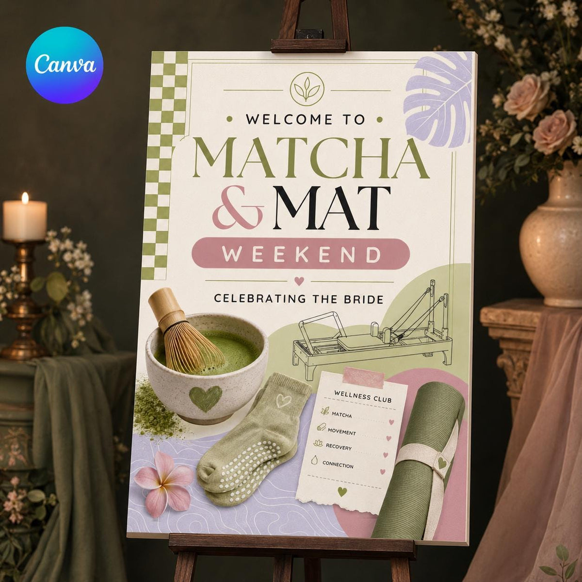Matcha Bridal Shower Welcome Sign — editable Canva template