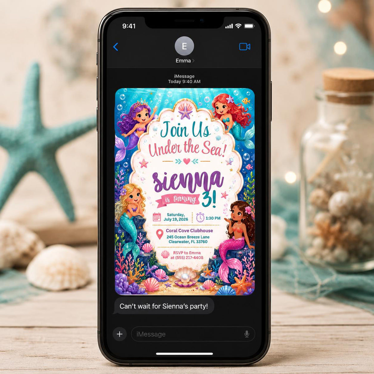 Mermaid 3rd Birthday Invitation for Girls — ocean design