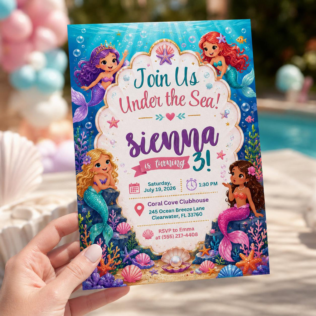Mermaid 3rd Birthday Invitation for Girls — invitation you personalize in Canva