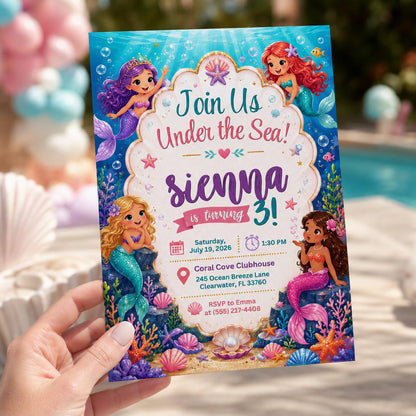 Mermaid 3rd Birthday Invitation for Girls — invitation you personalize in Canva