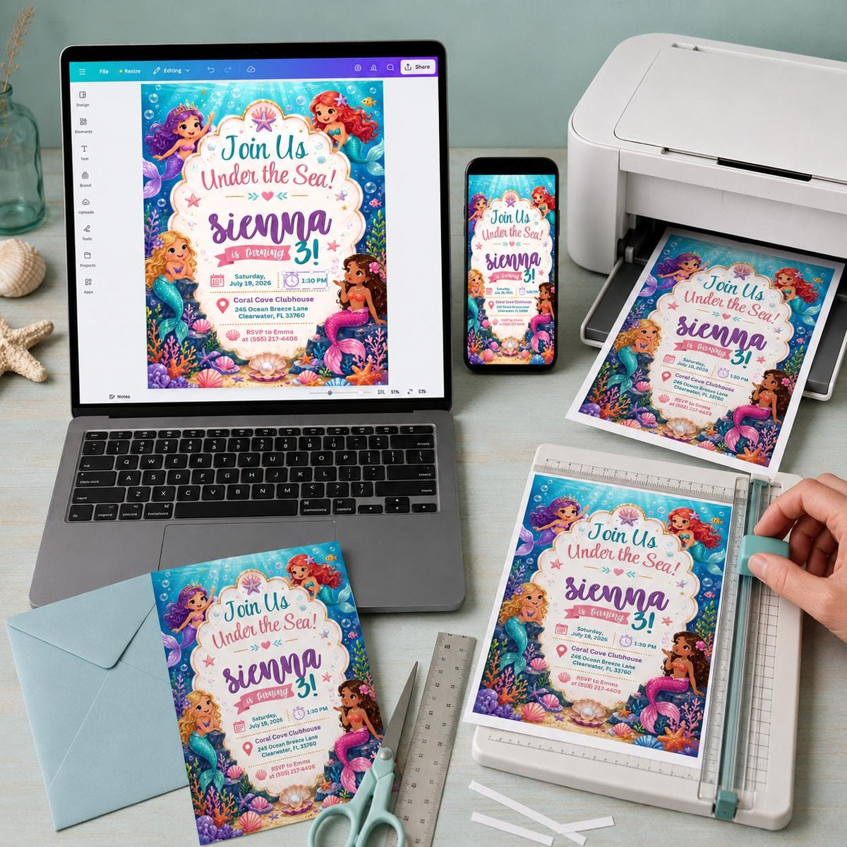 Mermaid 3rd Birthday Invitation for Girls — print-ready 3rd birthday party design from VoltBy