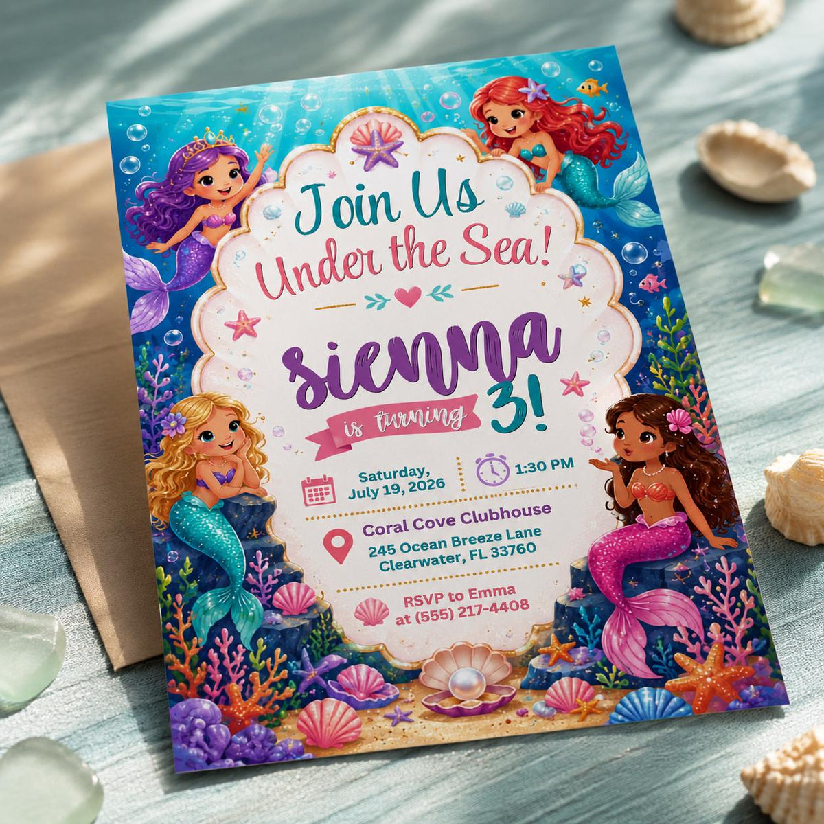Mermaid 3rd Birthday Invitation for Girls — digital invitation, instant download