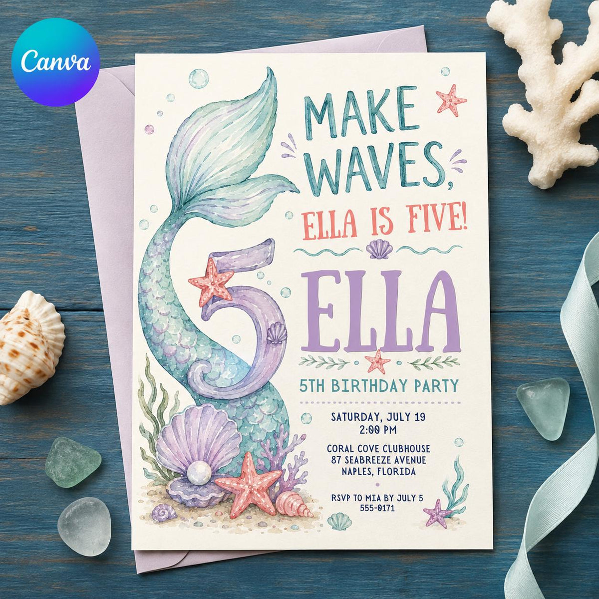 Mermaid 5th Birthday Invitation — editable Canva template