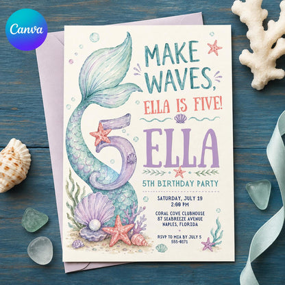 Mermaid 5th Birthday Invitation — editable Canva template