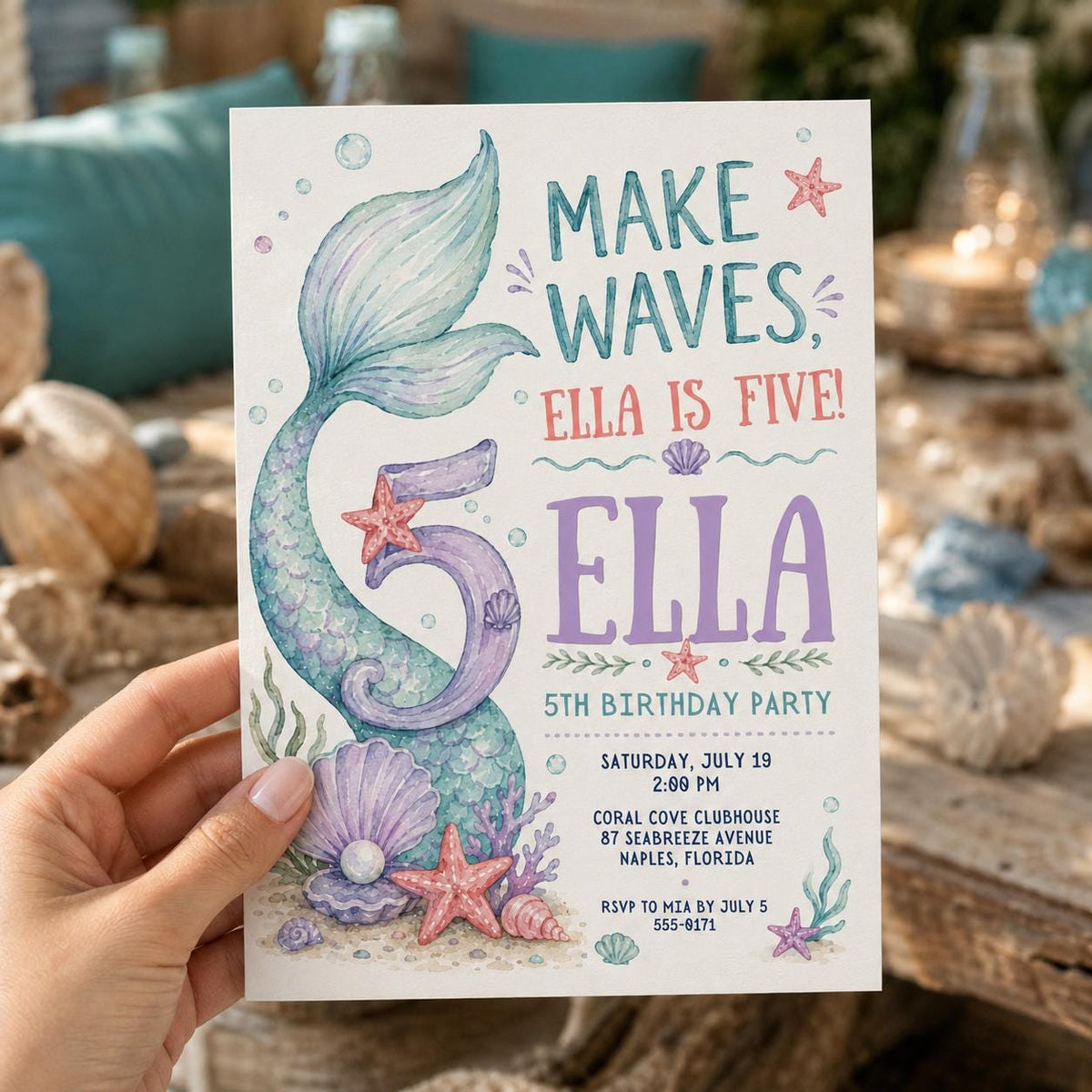 Mermaid 5th Birthday Invitation — invitation you personalize in Canva