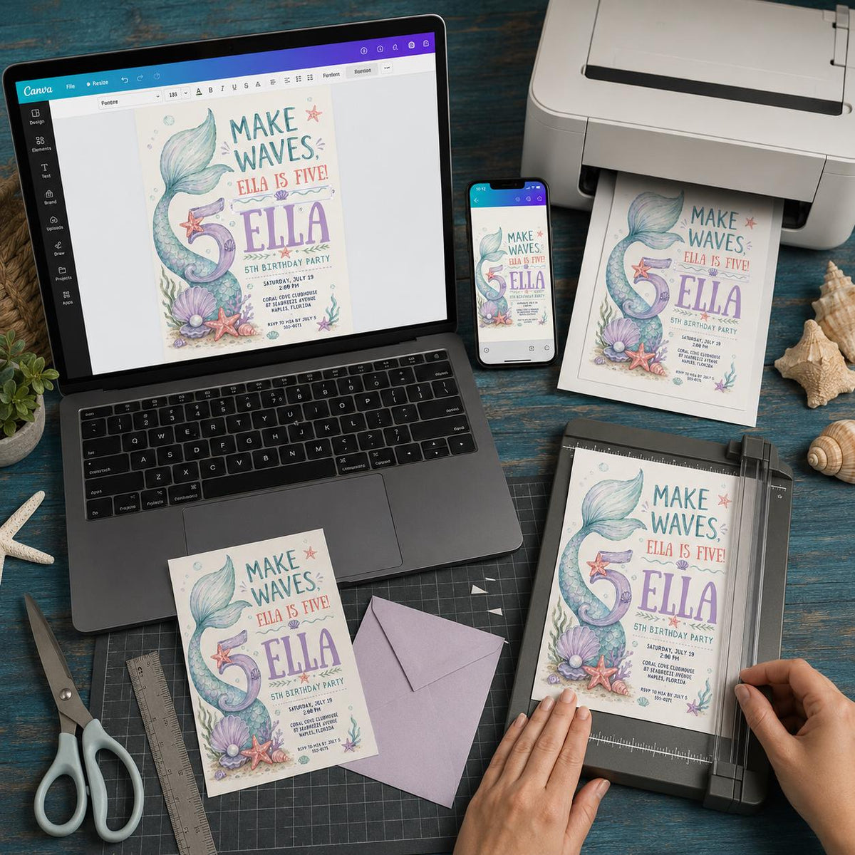 Mermaid 5th Birthday Invitation — print-ready 5th birthday party design from VoltBy