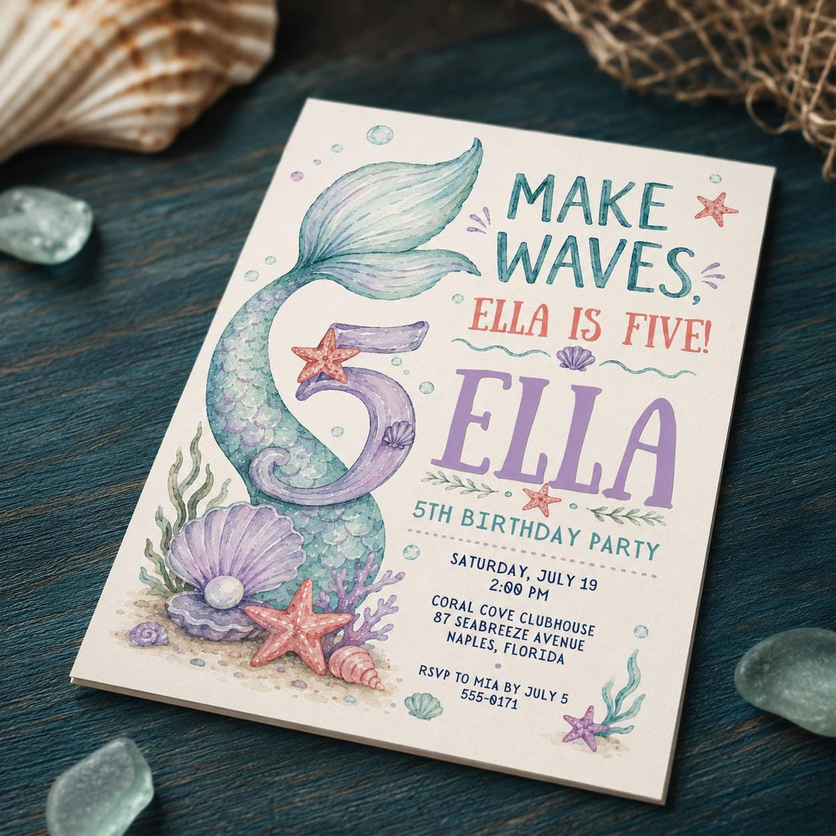 Mermaid 5th Birthday Invitation — digital invitation, instant download