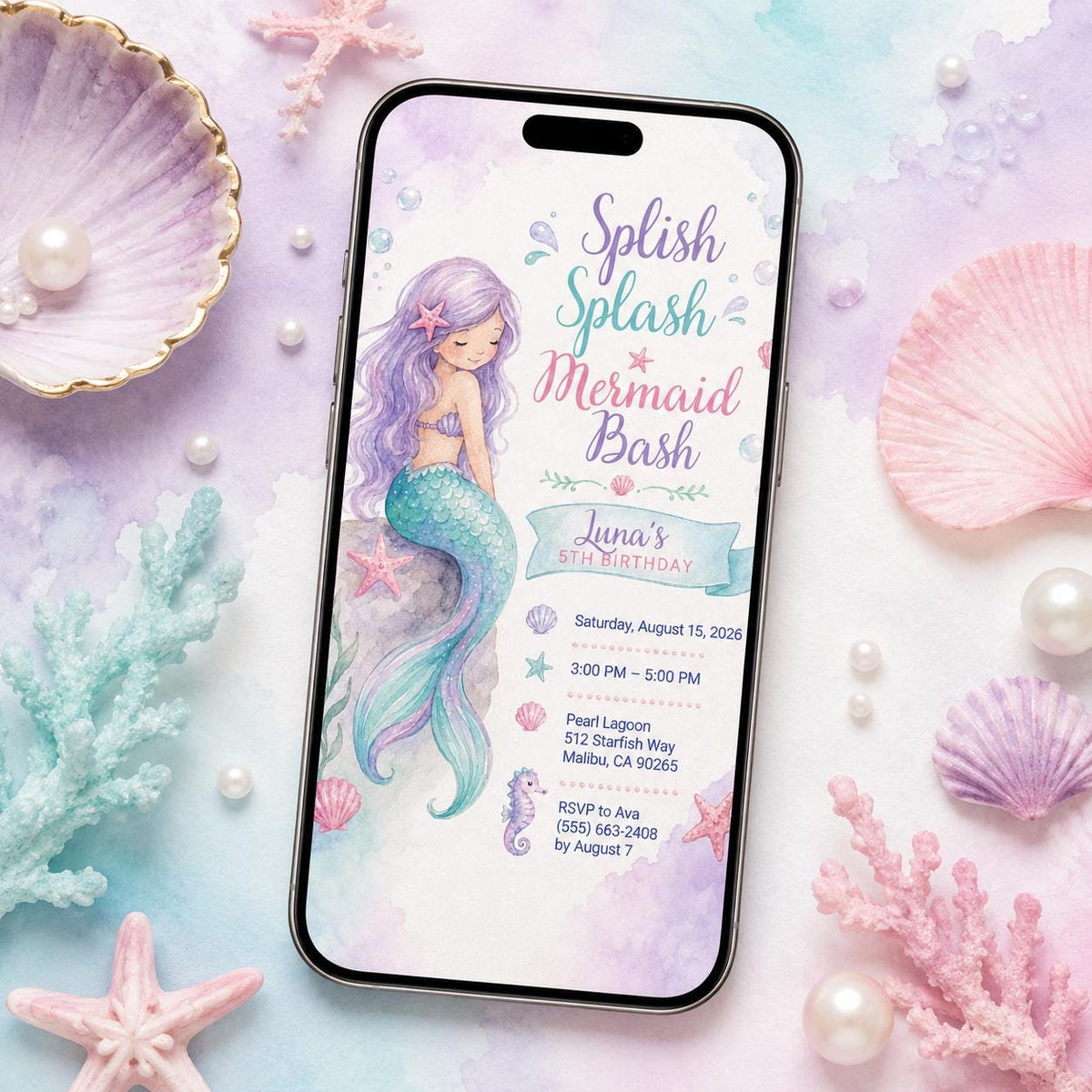 Mermaid Birthday Invitation for Girls — invitation you personalize in Canva