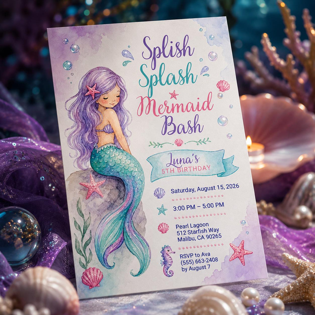 Mermaid Birthday Invitation for Girls — print-ready birthday party design from VoltBy