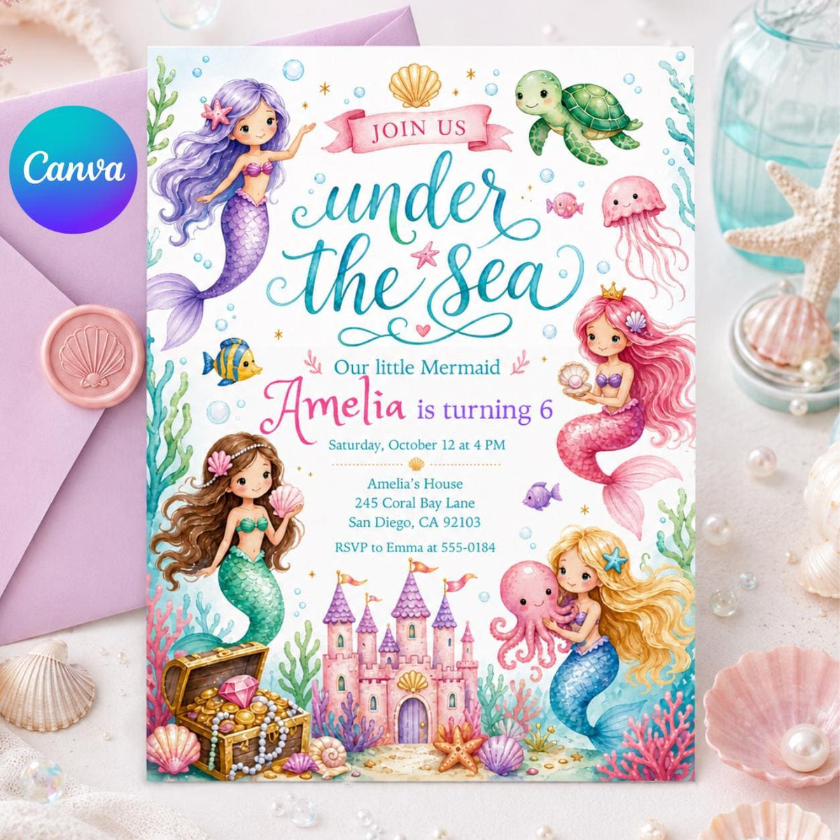 Mermaid Castle Under the Sea 6th Birthday Invitation — editable Canva template