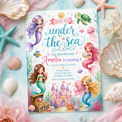 Mermaid Castle Under the Sea 6th Birthday Invitation in pink and purple