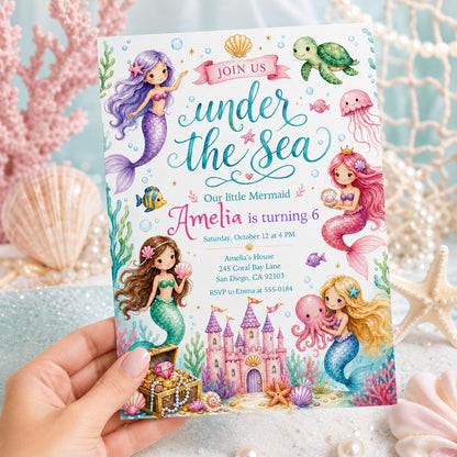 Mermaid Castle Under the Sea 6th Birthday Invitation — print-ready 6th birthday party design from VoltBy