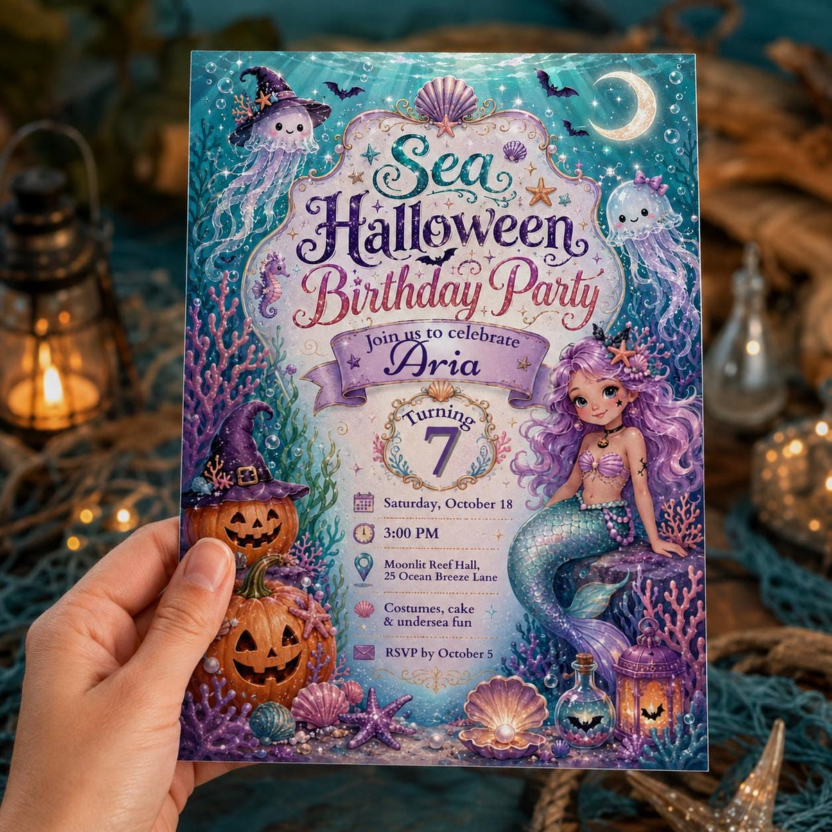 Mermaid Halloween Birthday Invitation for Girls — invitation you personalize in Canva