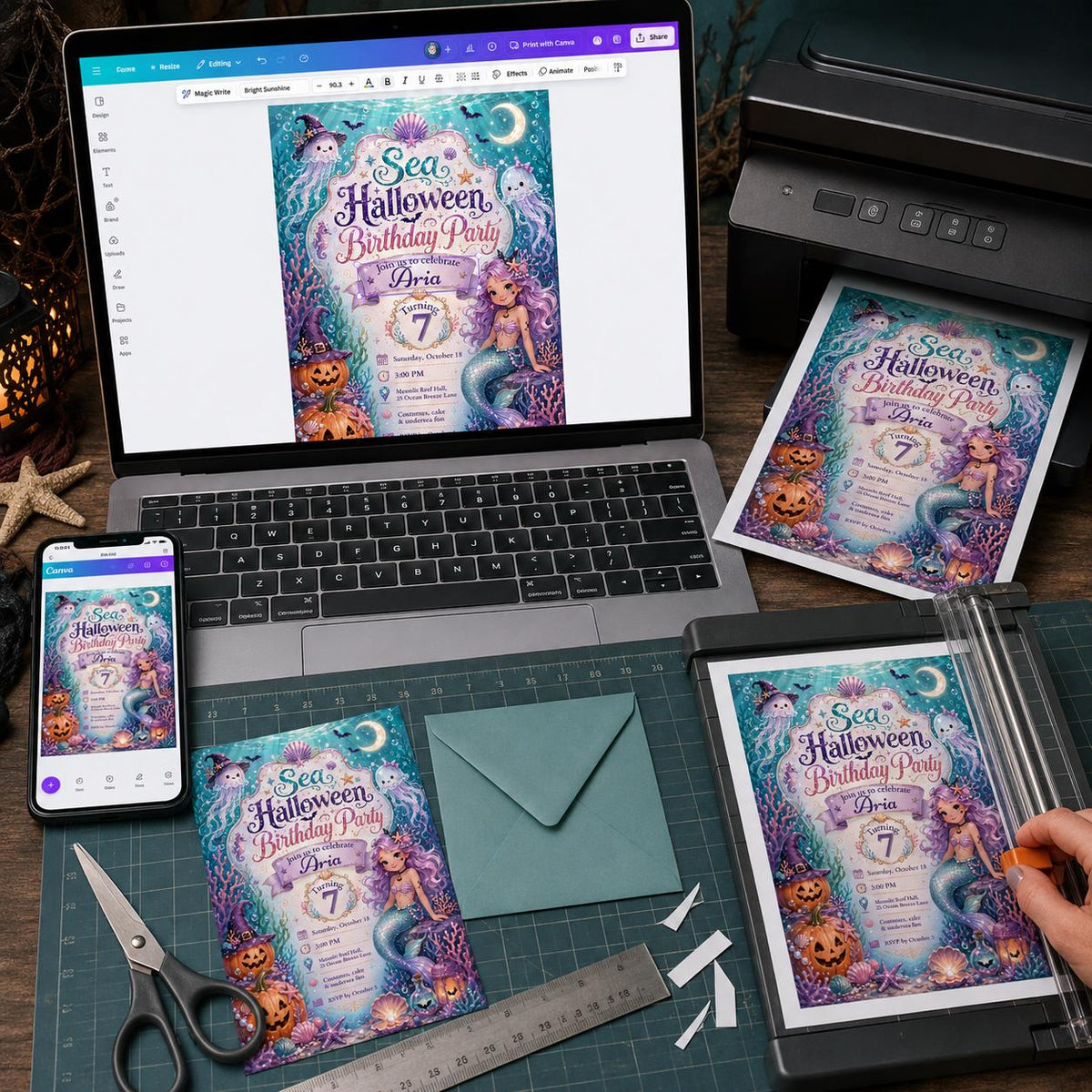 Mermaid Halloween Birthday Invitation for Girls — print-ready birthday party design from VoltBy