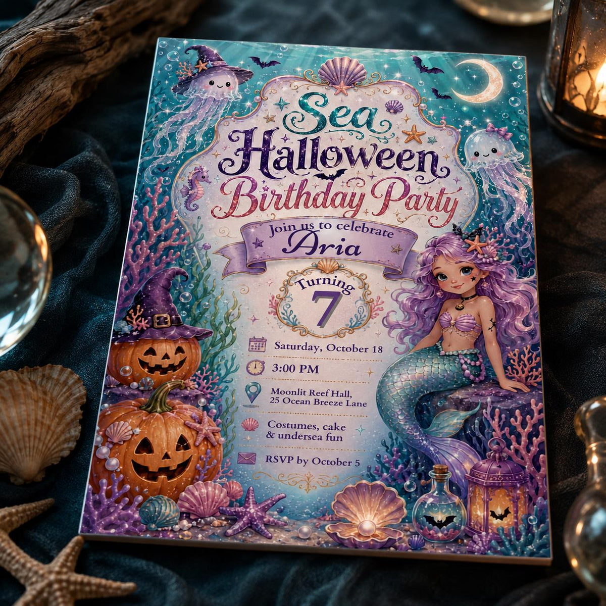 Mermaid Halloween Birthday Invitation for Girls — digital invitation, instant download
