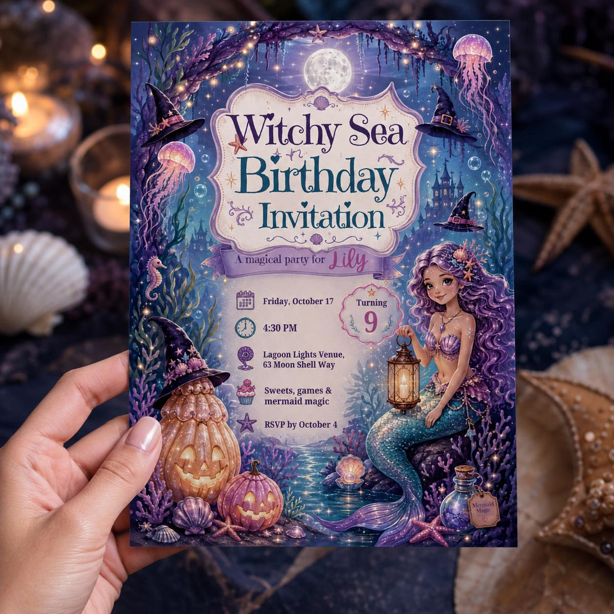 Mermaid Sea Witch Birthday Invitation for Girls — invitation you personalize in Canva